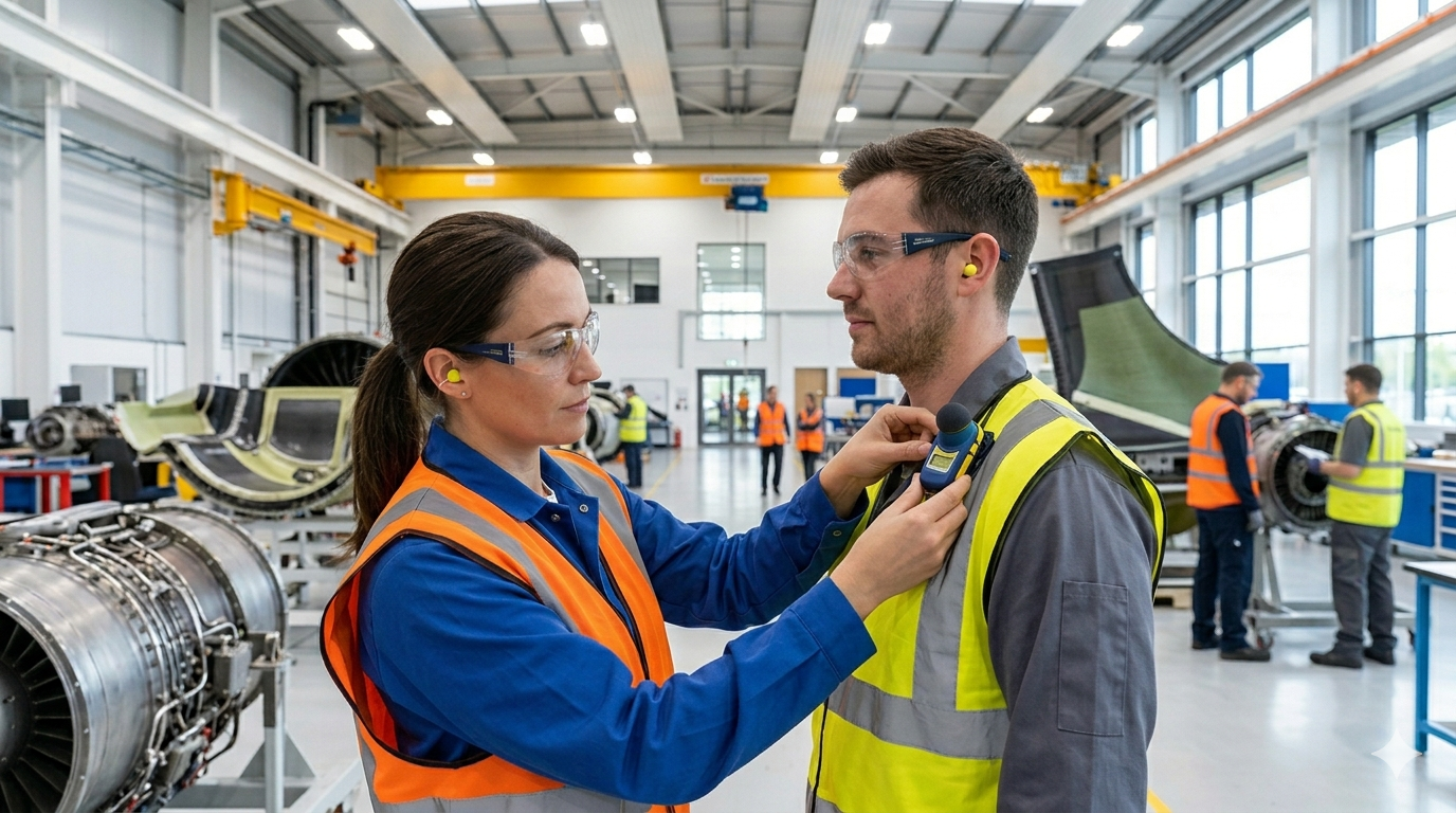 Industrial hygienist conducting workplace noise survey California manufacturing facility dosimeter